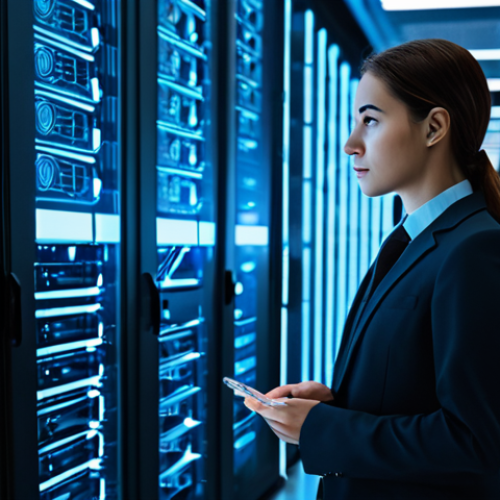Home 15 A focused professional individual, fully clothed in a modest business suit, standing in a modern, well-lit data center. The individual is thoughtfully observing a complex holographic interface that displays architectural blueprints of interconnected digital systems. The background features rows of sleek server racks illuminated by soft, futuristic lighting. Perfect anatomy, correct proportions, natural pose, well-formed hands, proper finger count, natural body proportions. Professional photography, high-resolution, strategic, futuristic. safe for work, appropriate content, fully clothed, professional dress, professional, modest.