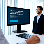 A diverse group of adults, fully clothed in professional, modest business attire, are depicted in a bright, modern digital space. One individual interacts with a tablet displaying clear, high-contrast text, another uses a keyboard with a focused yet natural pose, suggesting accessible navigation, while a third observes a video with prominent, easy-to-read subtitles. The background features abstract, flowing lines and soft light, symbolizing digital pathways and seamless connectivity. The scene emphasizes inclusion and ease of use for all, showcasing safe for work and appropriate content. Perfect anatomy, correct proportions, well-formed hands, proper finger count, and natural body proportions are essential for this high-quality, professional image.