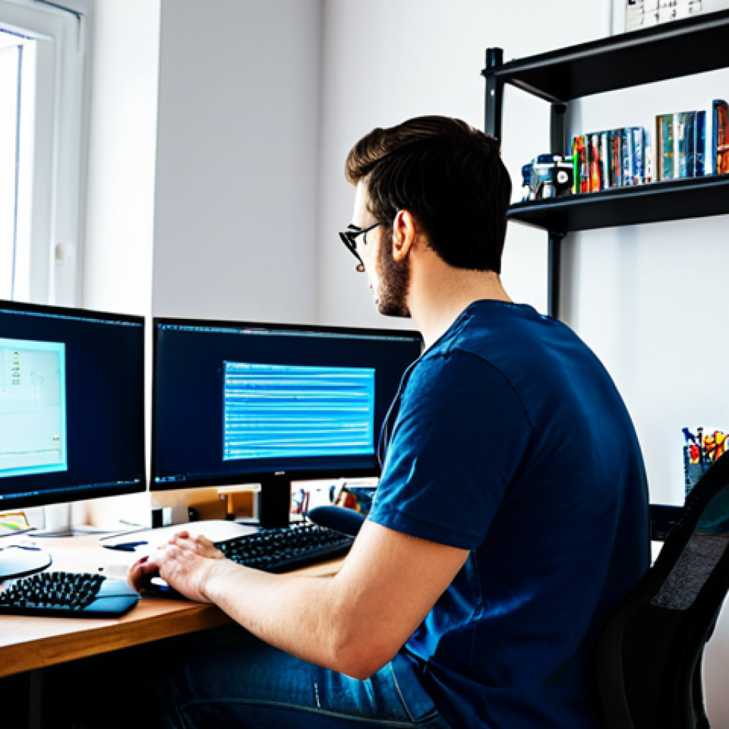 Game Developer at Work**

"A game developer, fully clothed in a casual outfit (jeans and a t-shirt), sitting at a desk with multiple monitors displaying game code and design software. The desk is in a brightly lit home office filled with books and figurines.  Emphasis on the creative process and a comfortable working environment. Appropriate attire, safe for work, professional, perfect anatomy, natural proportions, high quality."

**