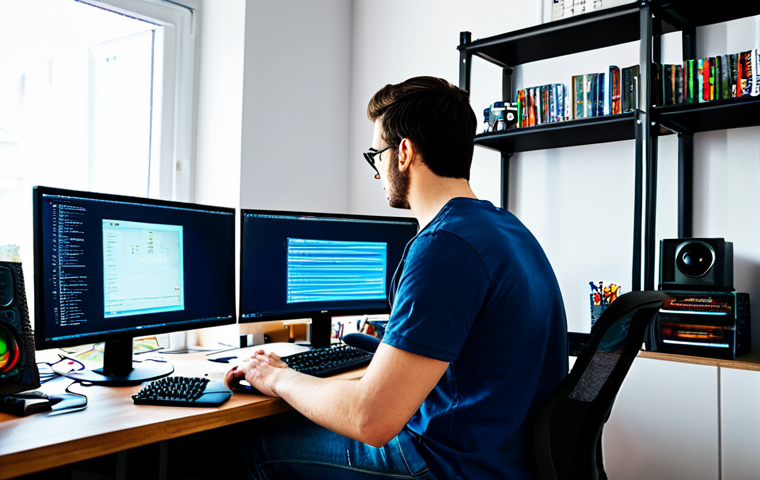 Game Developer at Work**
"A game developer, fully clothed in a casual outfit (jeans and a t-shirt), sitting at a desk with multiple monitors displaying game code and design software. The desk is in a brightly lit home office filled with books and figurines. Emphasis on the creative process and a comfortable working environment. Appropriate attire, safe for work, professional, perfect anatomy, natural proportions, high quality."
**