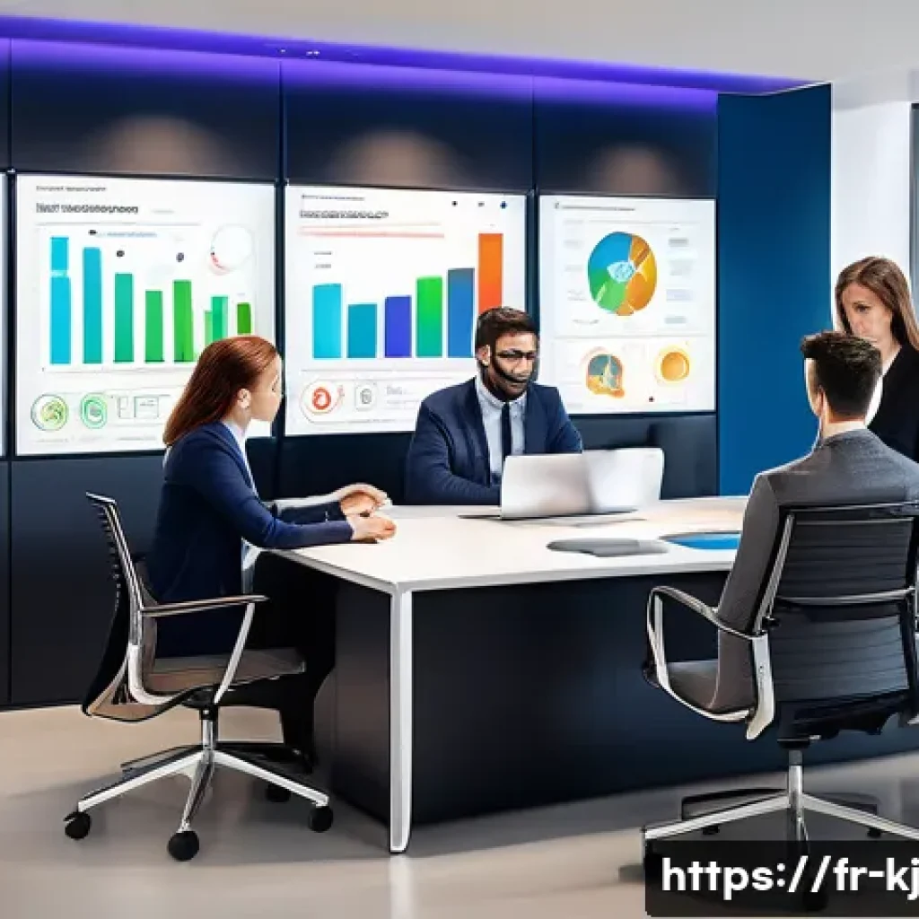 웹 기술을 이용한 고객 관리 시스템 구축 - A modern office setting with diverse French business professionals collaborating around a large touc...
