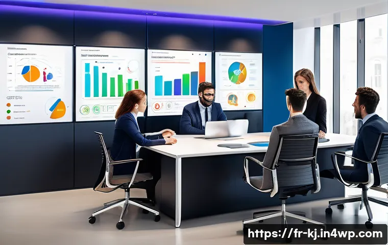 웹 기술을 이용한 고객 관리 시스템 구축 - A modern office setting with diverse French business professionals collaborating around a large touc...