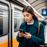 Home 23 프로그레시브 웹 앱 PWA 의 장점과 활용 - A sleek, modern Parisian metro scene showing a young professional woman using a Progressive Web App ...