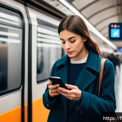 Home 17 프로그레시브 웹 앱 PWA 의 장점과 활용 - A sleek, modern Parisian metro scene showing a young professional woman using a Progressive Web App ...